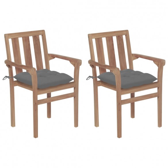 Chaises de jardin 2 pcs avec coussins gris Bois de teck massif