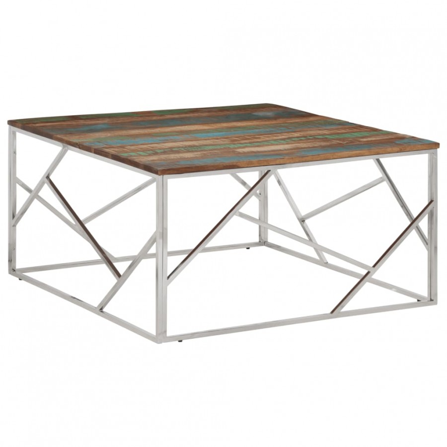 Table basse argenté acier inoxydable/bois massif récupération