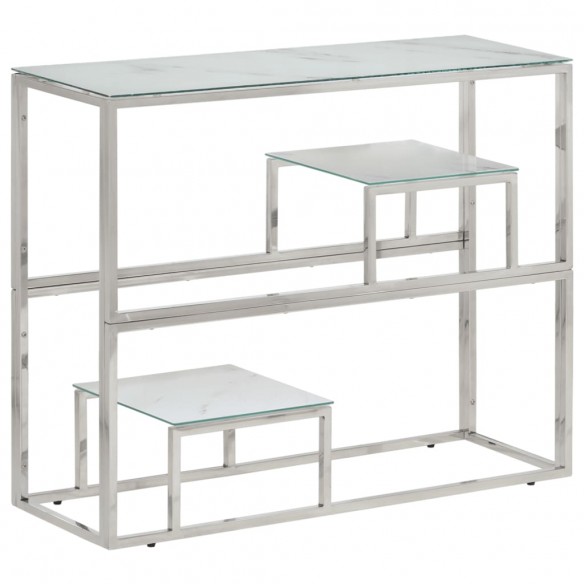 Table console argenté acier inoxydable et verre trempé