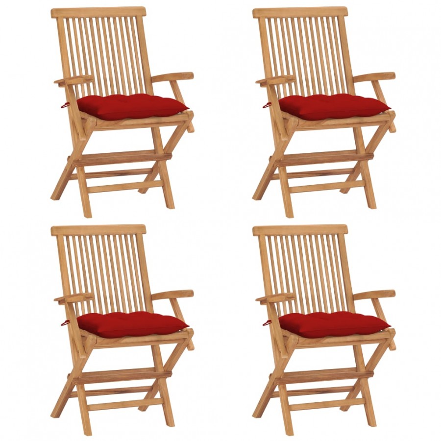 Chaises de jardin avec coussins rouge 4 pcs Bois de teck massif