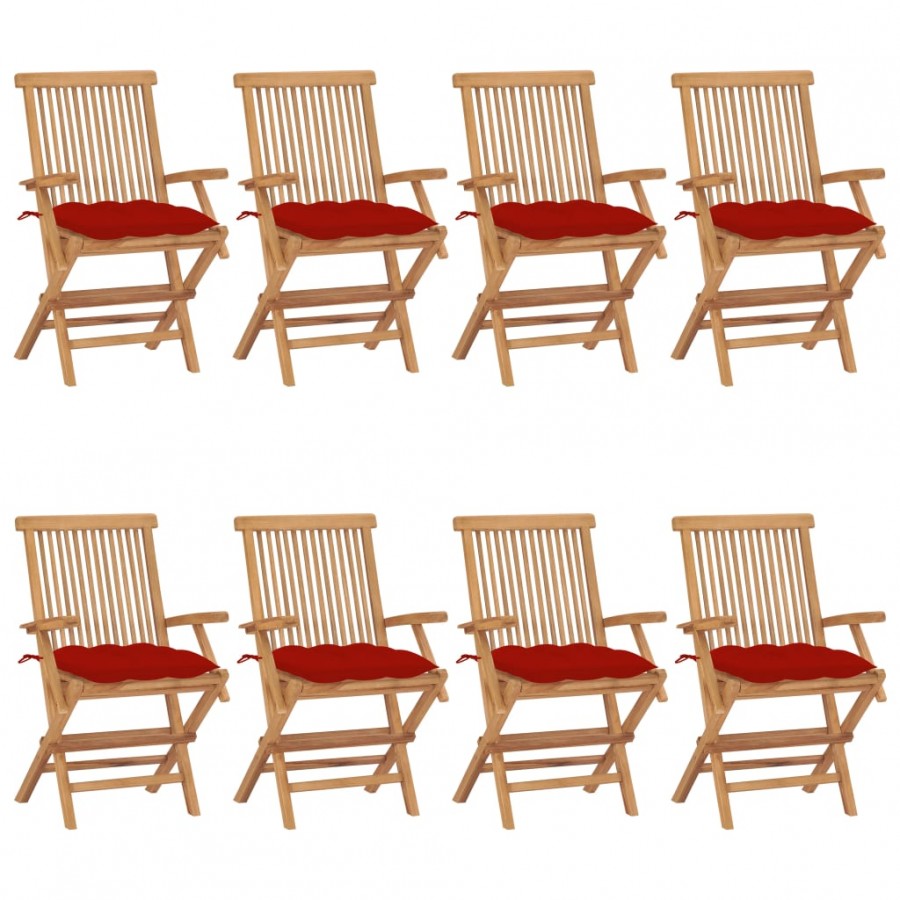 Chaises de jardin avec coussins rouge lot de 8 Bois teck massif