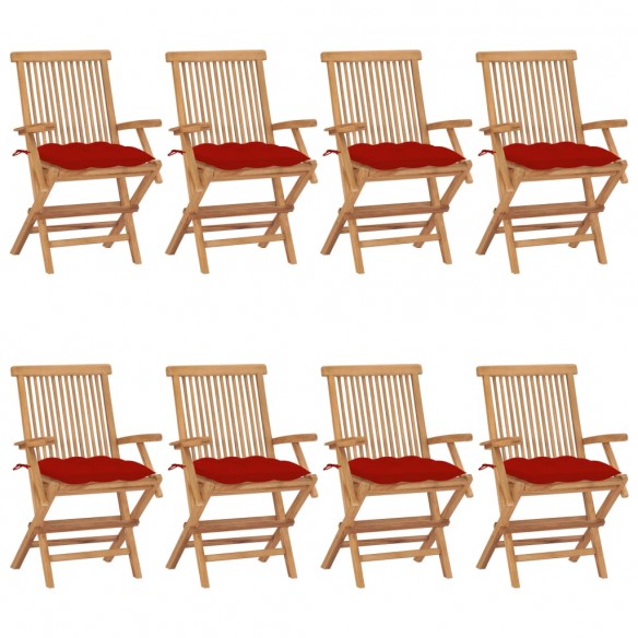 Chaises de jardin avec coussins rouge lot de 8 Bois teck massif