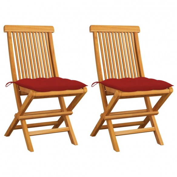 Chaises de jardin avec coussins rouge 2 pcs Bois de teck massif