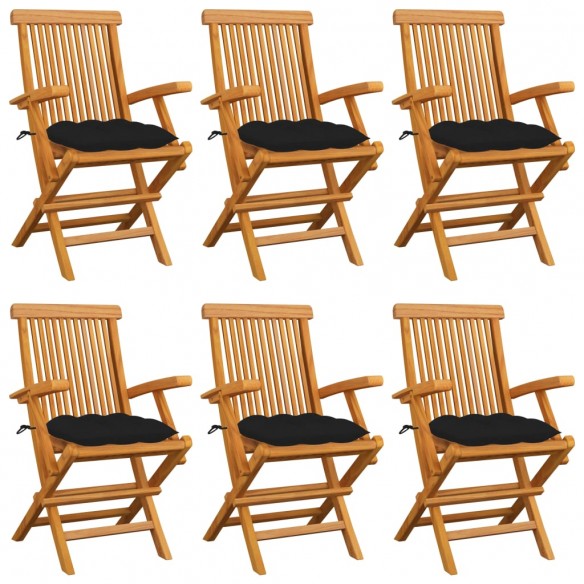 Chaises de jardin avec coussins noir lot de 6 Bois teck massif