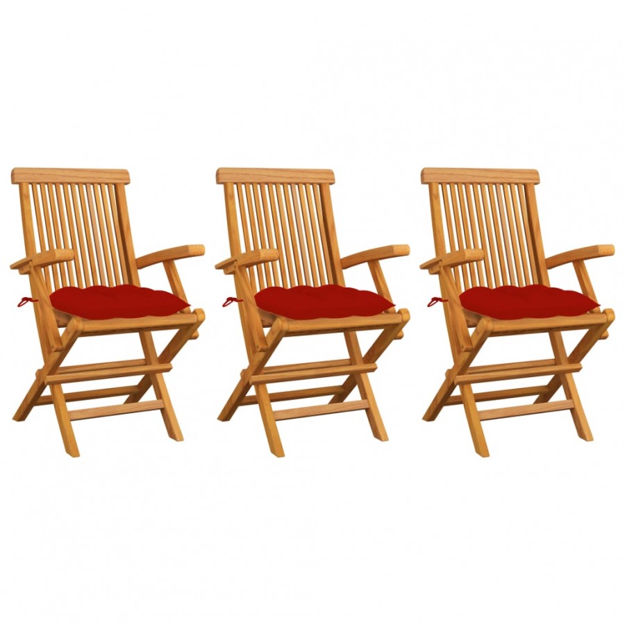 Chaises de jardin avec coussins rouge 3 pcs Bois de teck massif