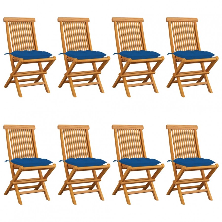 Chaises de jardin avec coussins bleu 8 pcs Bois de teck massif