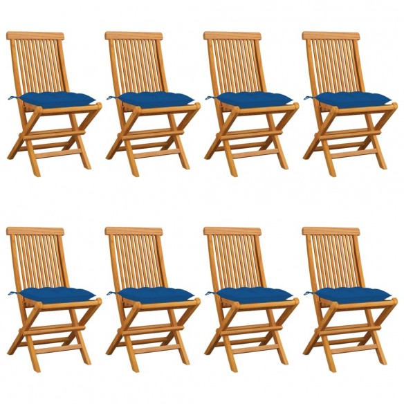 Chaises de jardin avec coussins bleu 8 pcs Bois de teck massif