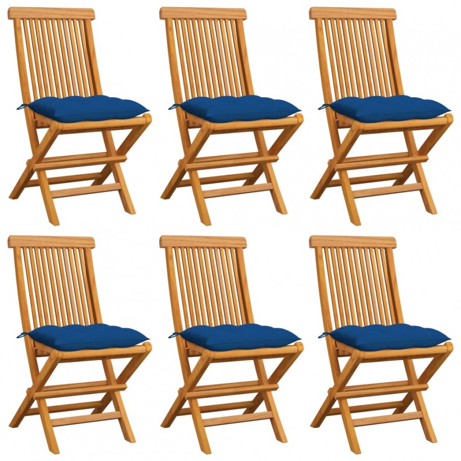 Chaises de jardin avec coussins bleu 6 pcs Bois de teck massif