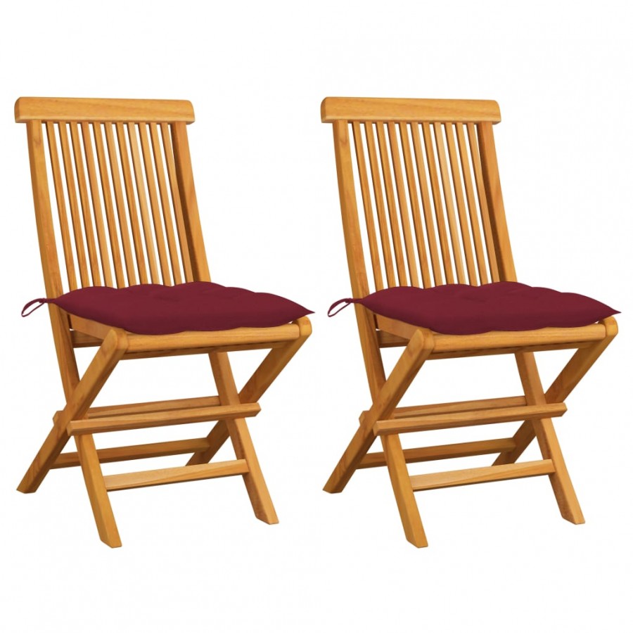 Chaises de jardin avec coussins rouge bordeaux 2pcs Teck massif