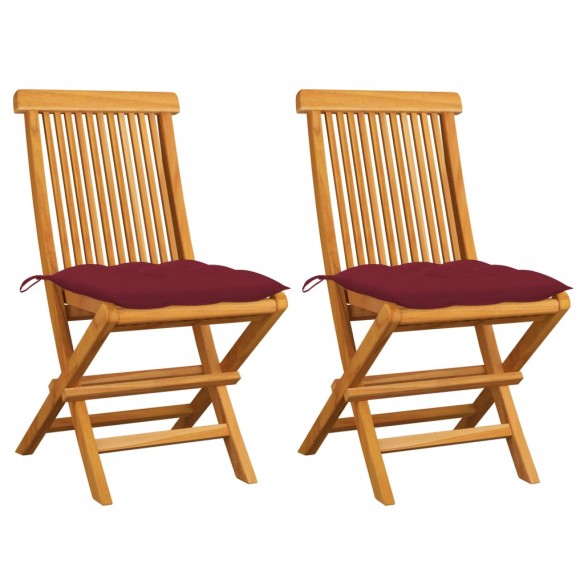 Chaises de jardin avec coussins rouge bordeaux 2pcs Teck massif