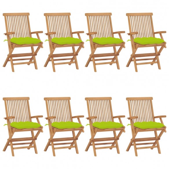 Chaises de jardin avec coussins vert vif lot de 8 Teck massif