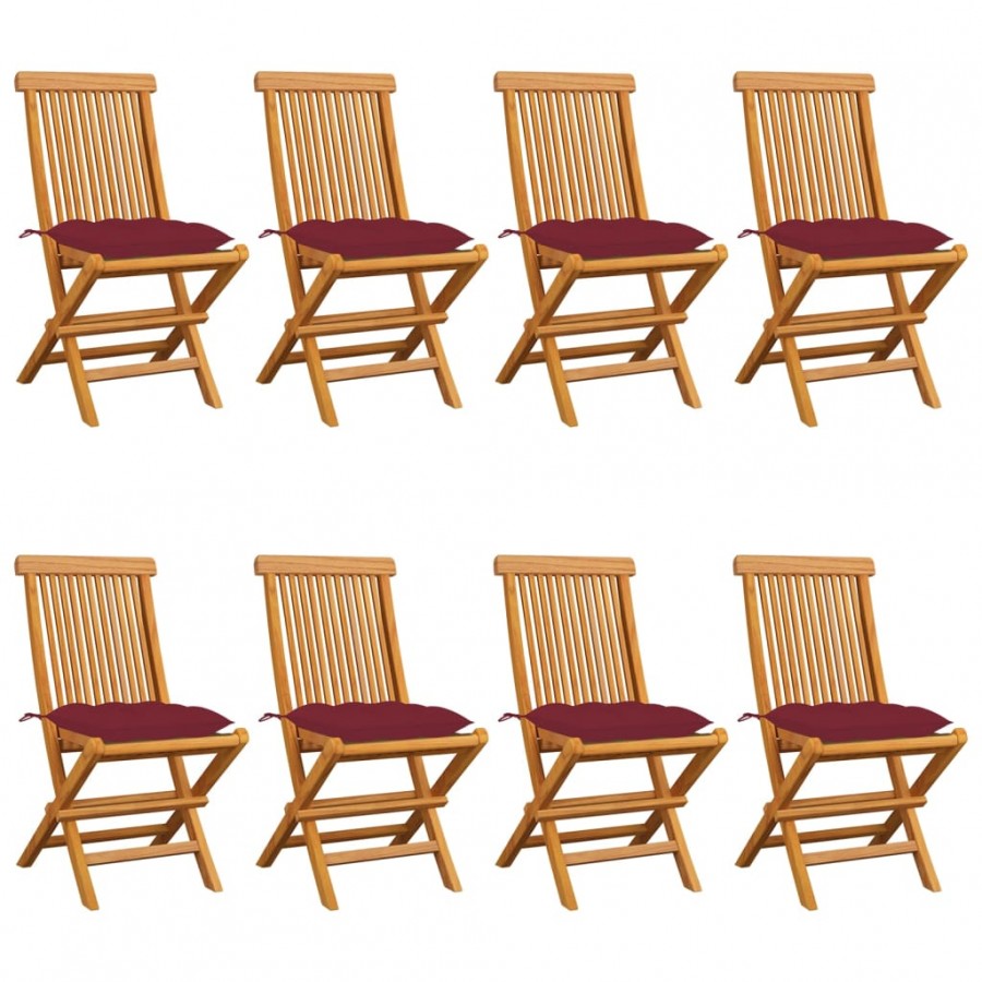 Chaises de jardin avec coussins bordeaux 8 pcs Teck massif