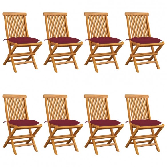 Chaises de jardin avec coussins bordeaux 8 pcs Teck massif