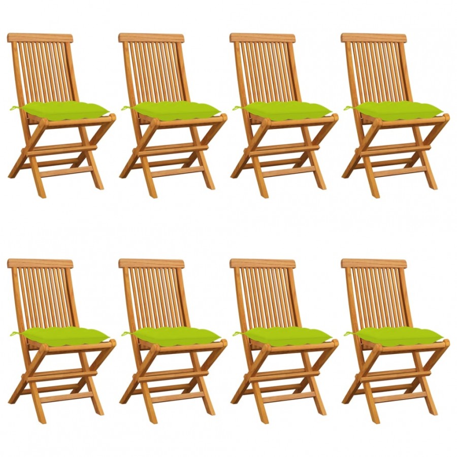 Chaises de jardin avec coussins vert vif 8 pcs Teck massif