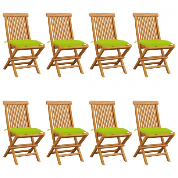 Chaises de jardin avec coussins vert vif 8 pcs Teck massif