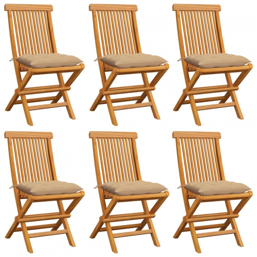 Chaises de jardin avec coussins beige 6 pcs Bois de teck massif