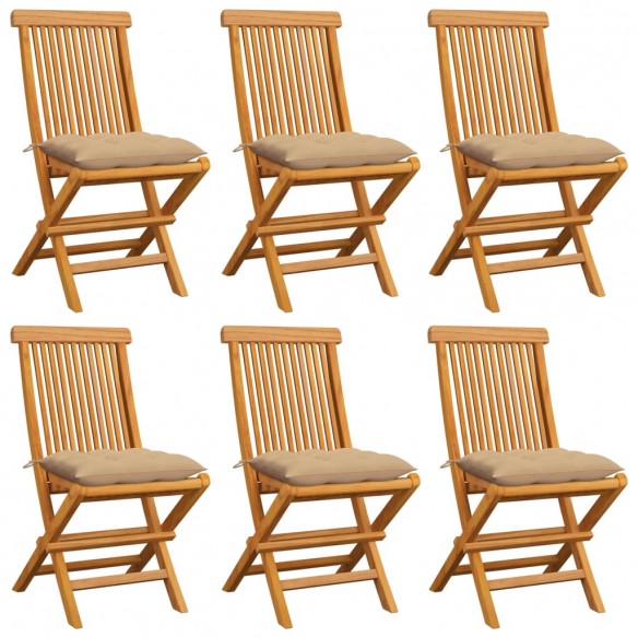 Chaises de jardin avec coussins beige 6 pcs Bois de teck massif