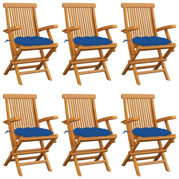 Chaises de jardin avec coussins bleu lot de 6 Bois teck massif