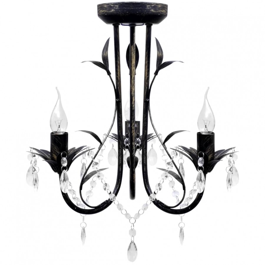 Lustre métal noir style art nouveau + perles crystal 3 x E14 Ampoules