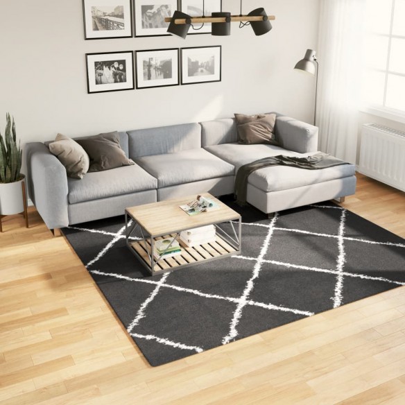 Tapis shaggy à poils longs moderne noir et crème 240x240 cm