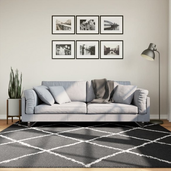 Tapis shaggy à poils longs moderne noir et crème 200x200 cm