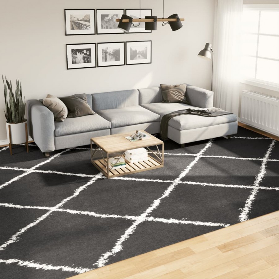 Tapis shaggy à poils longs moderne noir et crème 300x400 cm