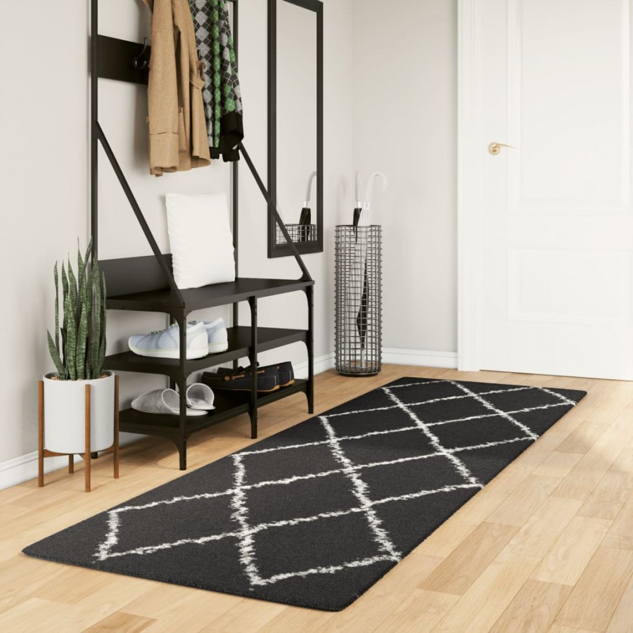 Tapis shaggy à poils longs moderne noir et crème 80x250 cm