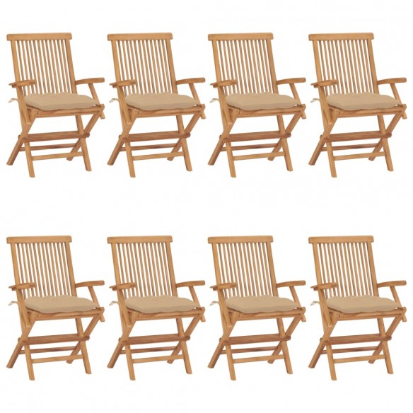 Chaises de jardin avec coussins beige lot de 8 Bois teck massif