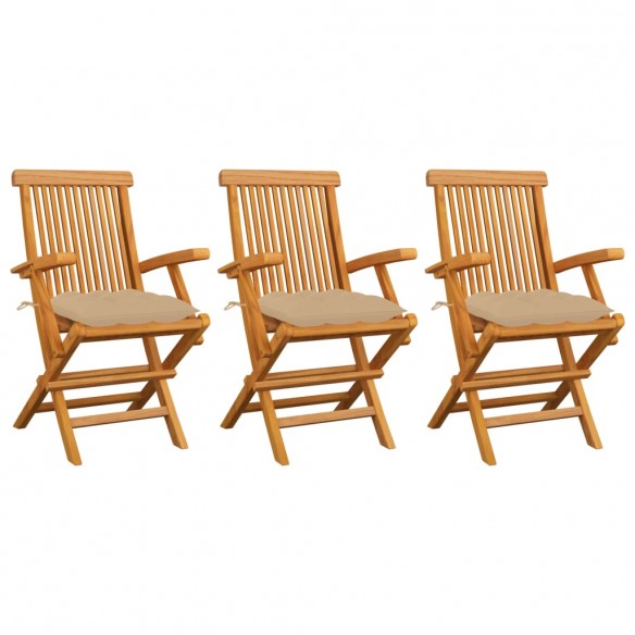 Chaises de jardin avec coussins beige 3 pcs Bois de teck massif