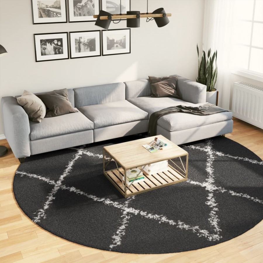 Tapis shaggy à poils longs moderne noir et crème Ø 280 cm