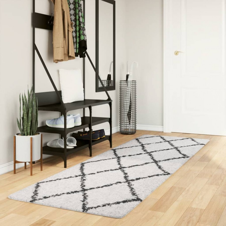 Tapis shaggy à poils longs moderne crème et noir 80x250 cm