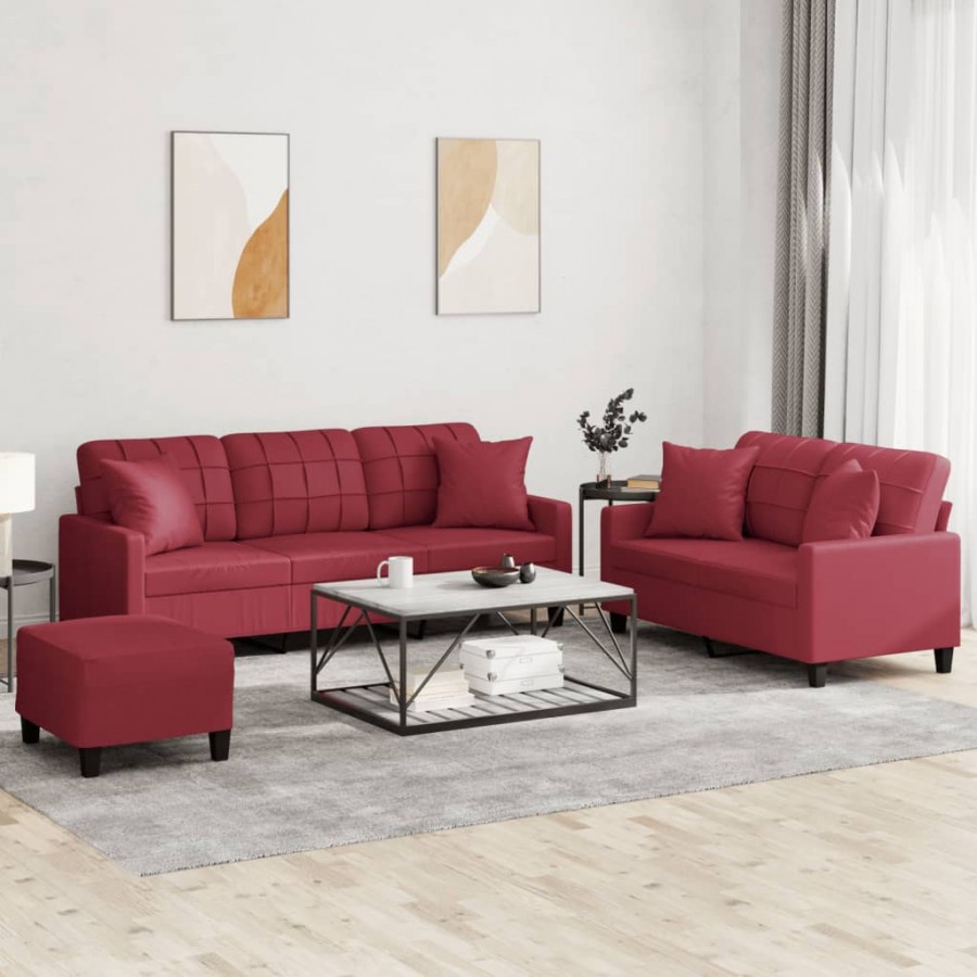 Ensemble de canapés 3 pcs et coussins rouge bordeaux similicuir