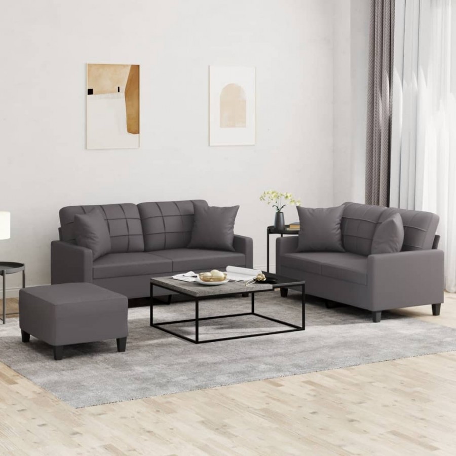 Ensemble de canapés 3 pcs avec coussins gris similicuir