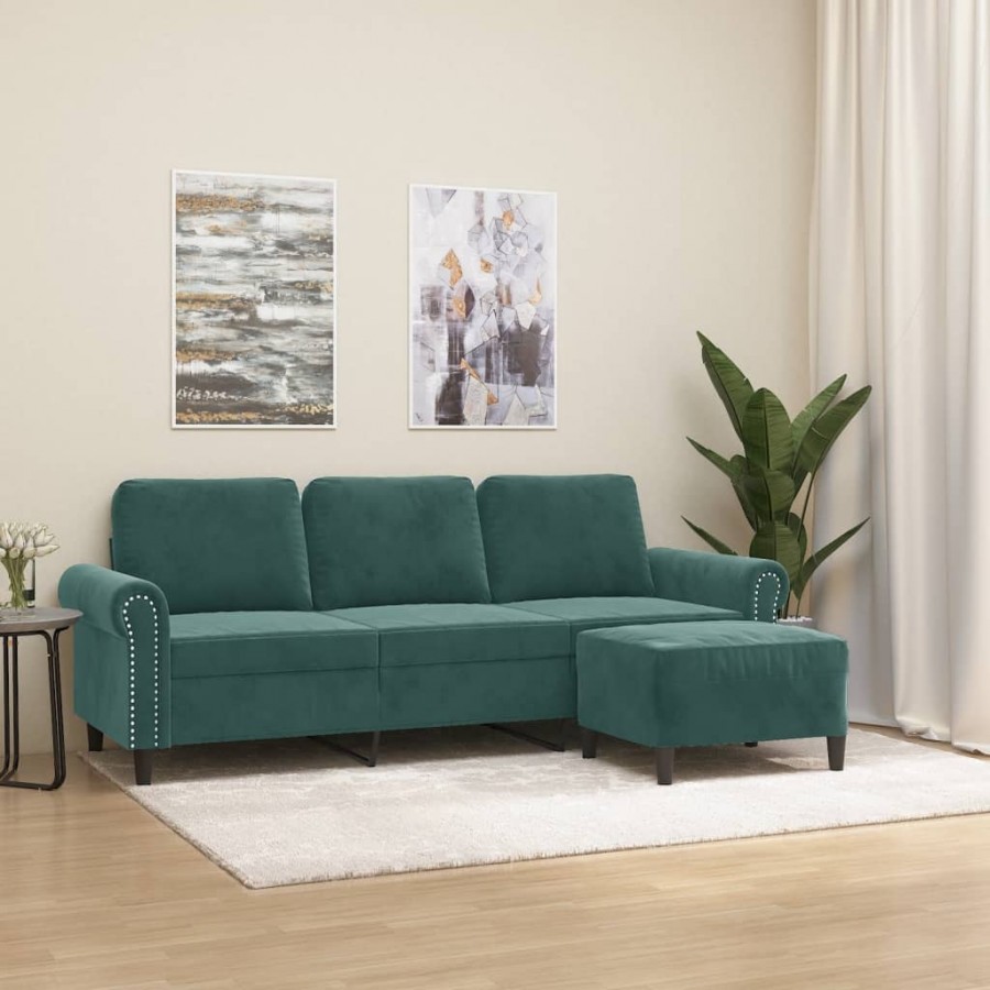 Canapé à 3 places avec repose-pieds Vert foncé 180 cm Velours