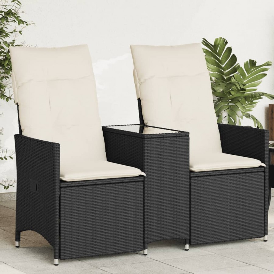 Canapé de jardin inclinable 2 places avec table noir poly rotin