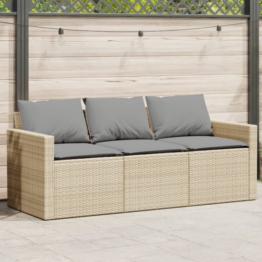 Canapé de jardin avec coussins 3 places beige résine tressée