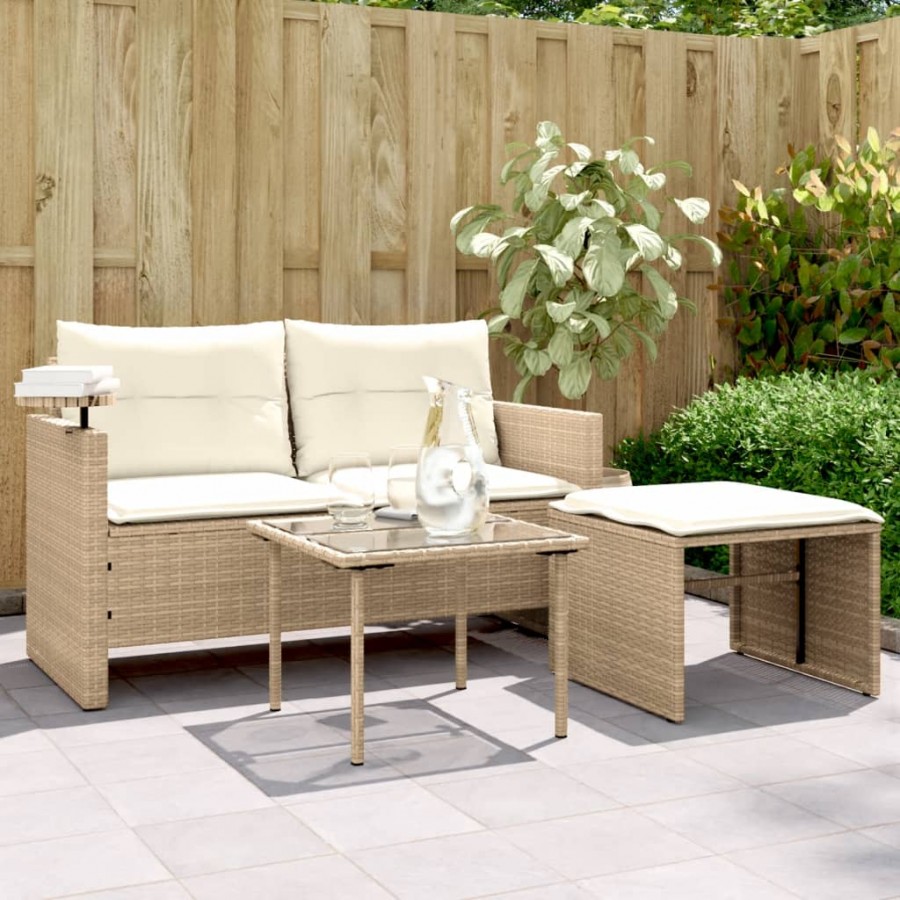 Salon de jardin avec coussins 3 pcs beige résine tressée