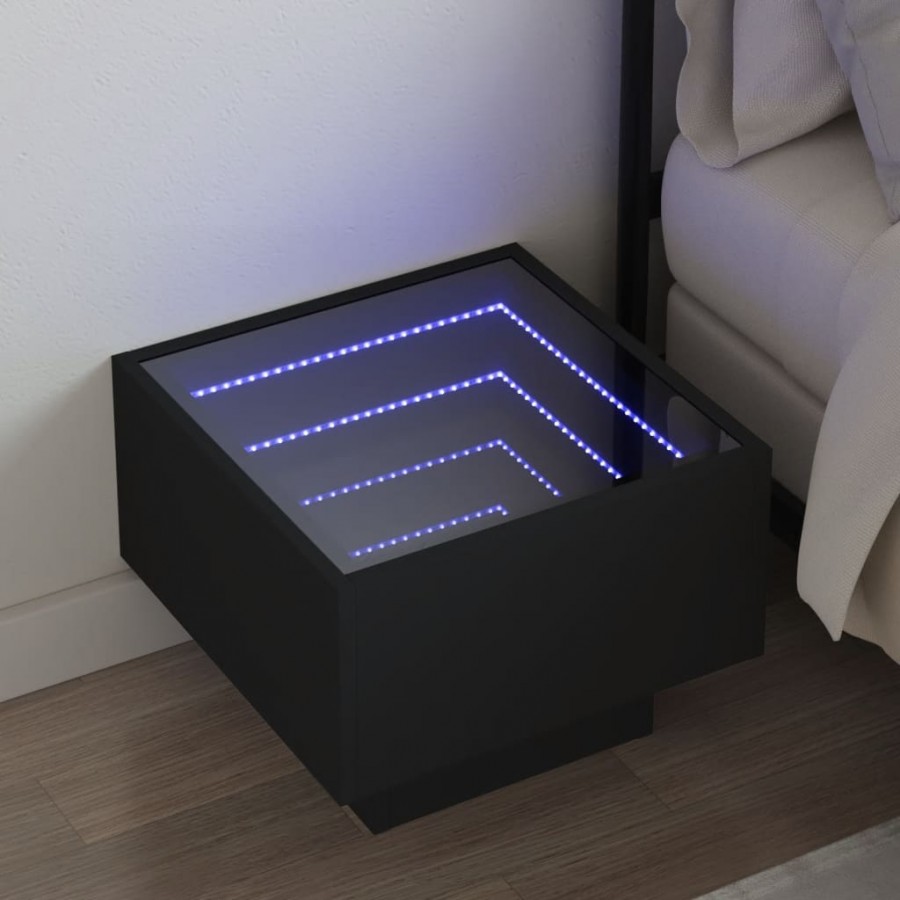 Table de chevet avec LED infini noir 40x40x30 cm