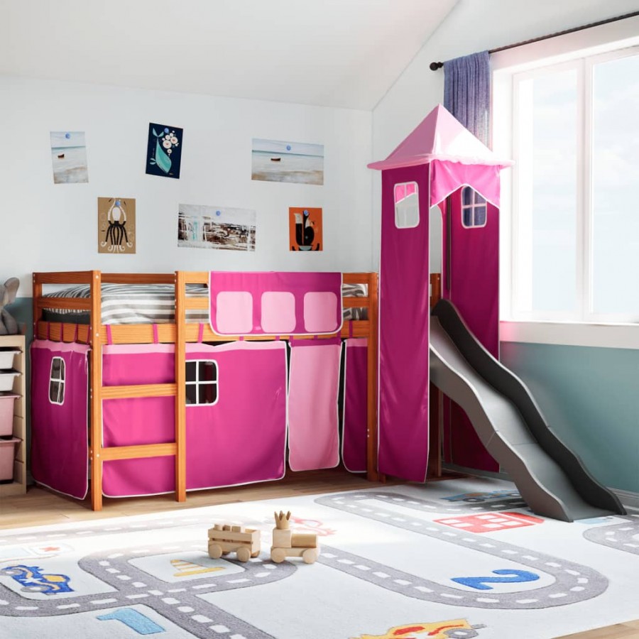 Lit mezzanine enfants avec tour rose 80x200cm bois pin massif