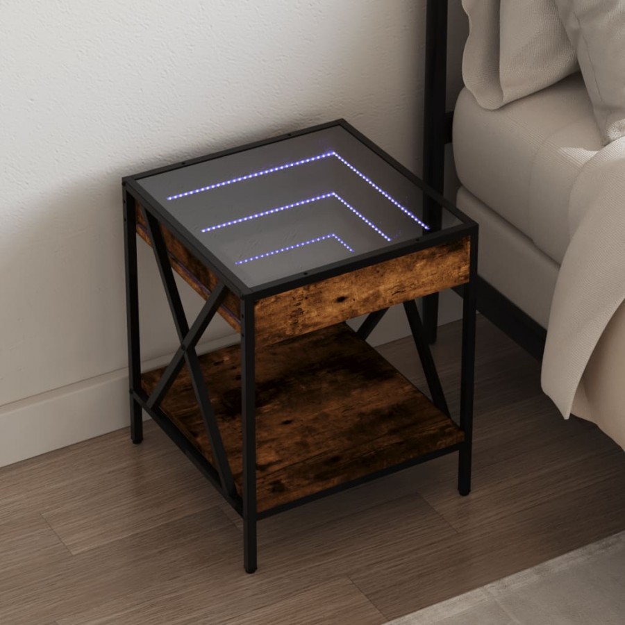 Table de chevet avec LED infini chêne fumé 40x40x49 cm