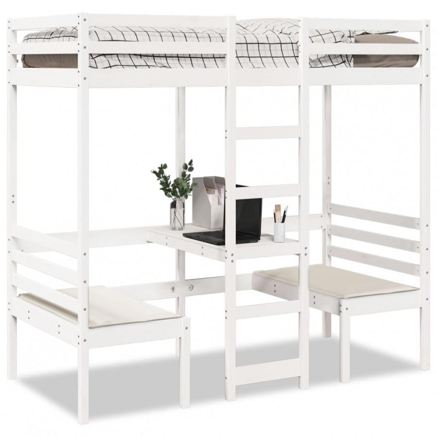 Lit mezzanine avec bureau et chaises blanc 75x190 cm pin massif