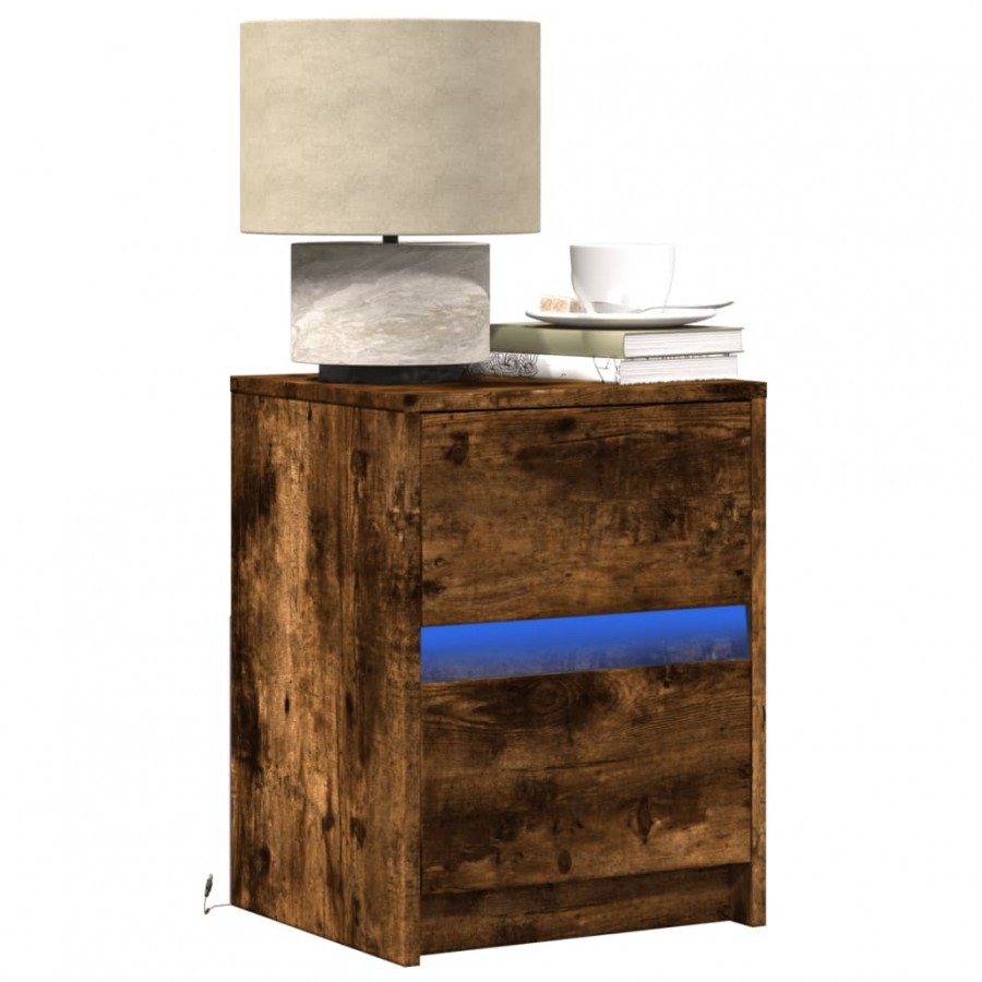 Armoire de chevet et lumières LED chêne fumé bois d'ingénierie