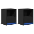 Armoires de chevet et lumières LED 2 pcs noir bois d'ingénierie