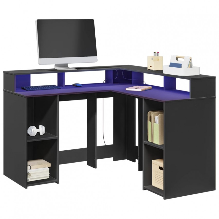 Bureau avec lumières LED noir 130x130x91 cm bois d'ingénierie