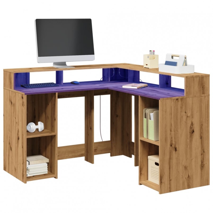 Bureau avec lumières LED chêne artisanal bois d'ingénierie