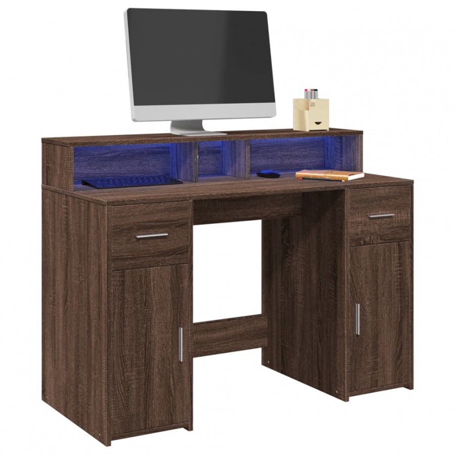 Bureau et lumières LED chêne marron bois d'ingénierie