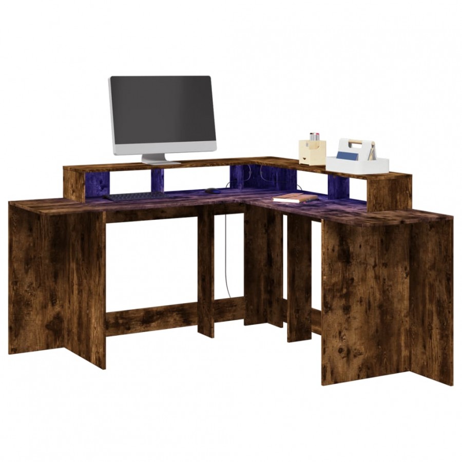 Bureau et lumières LED chêne fumé 152x152x91cm bois ingénierie