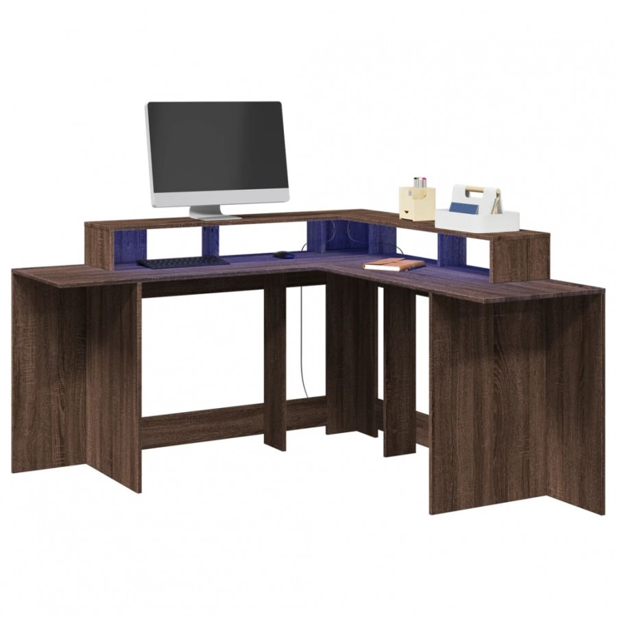 Bureau et lumières LED chêne marron bois d'ingénierie