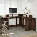 Bureau et lumières LED chêne marron bois d'ingénierie