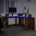 Bureau et lumières LED chêne marron bois d'ingénierie